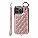 For iPhone 13 Pro Rhombic Texture Card Bag Phone Case with Short Lanyard(Rose Gold)
