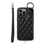 For iPhone 13 Pro Rhombic Texture Card Bag Phone Case with Short Lanyard(Black)