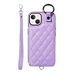 For iPhone 13 Rhombic Texture Card Bag Phone Case with Short Lanyard(Purple)