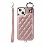 For iPhone 13 Rhombic Texture Card Bag Phone Case with Short Lanyard(Rose Gold)