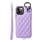 For iPhone 12 / 12 Pro Rhombic Texture Card Bag Phone Case with Short Lanyard(Purple)