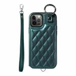 For iPhone 12 / 12 Pro Rhombic Texture Card Bag Phone Case with Short Lanyard(Green)