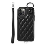 For iPhone 12 / 12 Pro Rhombic Texture Card Bag Phone Case with Short Lanyard(Black)