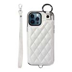 For iPhone 12 Pro Max Rhombic Texture Card Bag Phone Case with Short Lanyard(White)