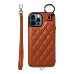 For iPhone 12 Pro Max Rhombic Texture Card Bag Phone Case with Short Lanyard(Brown)