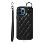 For iPhone 12 Pro Max Rhombic Texture Card Bag Phone Case with Short Lanyard(Black)