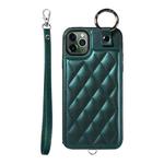 For iPhone 11 Pro Max Rhombic Texture Card Bag Phone Case with Short Lanyard(Green)