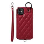 For iPhone 11 Rhombic Texture Card Bag Phone Case with Short Lanyard(Wine Red)
