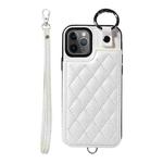 For iPhone 11 Pro Rhombic Texture Card Bag Phone Case with Short Lanyard(White)