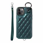 For iPhone 11 Pro Rhombic Texture Card Bag Phone Case with Short Lanyard(Green)