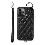 For iPhone 11 Pro Rhombic Texture Card Bag Phone Case with Short Lanyard(Black)