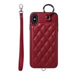 For iPhone XS Max Rhombic Texture Card Bag Phone Case with Short Lanyard(Wine Red)