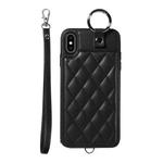 For iPhone XS Max Rhombic Texture Card Bag Phone Case with Short Lanyard(Black)