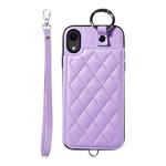 For iPhone XR Rhombic Texture Card Bag Phone Case with Short Lanyard(Purple)