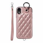 For iPhone XR Rhombic Texture Card Bag Phone Case with Short Lanyard(Rose Gold)