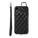 For iPhone XR Rhombic Texture Card Bag Phone Case with Short Lanyard(Black)