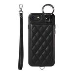 For iPhone SE 2022 / 2020 / 8 / 7 Rhombic Texture Card Bag Phone Case with Short Lanyard(Black)