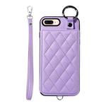 For iPhone 8 Plus / 7 Plus Rhombic Texture Card Bag Phone Case with Short Lanyard(Purple)