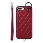 For iPhone 8 Plus / 7 Plus Rhombic Texture Card Bag Phone Case with Short Lanyard(Wine Red)