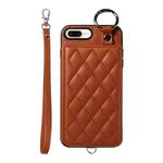 For iPhone 8 Plus / 7 Plus Rhombic Texture Card Bag Phone Case with Short Lanyard(Brown)