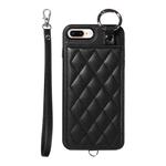 For iPhone 8 Plus / 7 Plus Rhombic Texture Card Bag Phone Case with Short Lanyard(Black)
