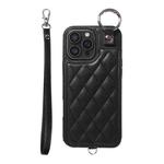 For iPhone 16 Pro Max Rhombic Texture Card Bag Phone Case with Short Lanyard(Black)