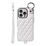 For iPhone 16 Pro Rhombic Texture Card Bag Phone Case with Short Lanyard(White)