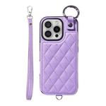 For iPhone 16 Pro Rhombic Texture Card Bag Phone Case with Short Lanyard(Purple)