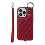 For iPhone 16 Pro Rhombic Texture Card Bag Phone Case with Short Lanyard(Wine Red)