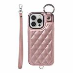 For iPhone 16 Pro Rhombic Texture Card Bag Phone Case with Short Lanyard(Rose Gold)