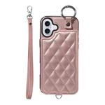 For iPhone 16 Plus Rhombic Texture Card Bag Phone Case with Short Lanyard(Rose Gold)