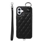 For iPhone 16 Plus Rhombic Texture Card Bag Phone Case with Short Lanyard(Black)