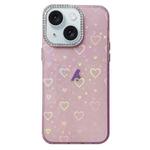 For iPhone 15 Plus Love Pattern Diamond Lens Frame IMD Acrylic Phone Case(Pink)