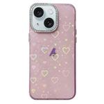 For iPhone 14 Love Pattern Diamond Lens Frame IMD Acrylic Phone Case(Pink)