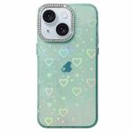 For iPhone 14 Love Pattern Diamond Lens Frame IMD Acrylic Phone Case(Green)
