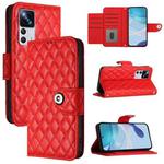 For Redmi K50 Ultra Rhombic Texture Flip Leather Phone Case with Lanyard(Red)