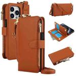 For iPhone 15 Pro Max Crossbody Ring Multifunctional Wallet Leather Phone Case(Brown)
