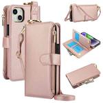 For iPhone 15 Crossbody Ring Multifunctional Wallet Leather Phone Case(Rose Gold)