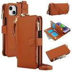 For iPhone 15 Crossbody Ring Multifunctional Wallet Leather Phone Case(Brown)