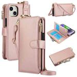 For iPhone 14 Crossbody Ring Multifunctional Wallet Leather Phone Case(Rose Gold)