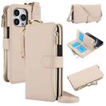 For iPhone 13 Pro Max Crossbody Ring Multifunctional Wallet Leather Phone Case(White)