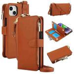 For iPhone 13 Crossbody Ring Multifunctional Wallet Leather Phone Case(Brown)