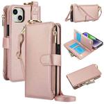 For iPhone 13 mini Crossbody Ring Multifunctional Wallet Leather Phone Case(Rose Gold)