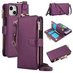 For iPhone 13 mini Crossbody Ring Multifunctional Wallet Leather Phone Case(Dark Purple)