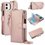 For iPhone 12 mini Crossbody Ring Multifunctional Wallet Leather Phone Case(Rose Gold)