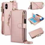 For iPhone XR Crossbody Ring Multifunctional Wallet Leather Phone Case(Rose Gold)