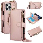 For iPhone 16 Pro Max Crossbody Ring Multifunctional Wallet Leather Phone Case(Rose Gold)