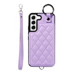 For Samsung Galaxy S22 5G Rhombic Texture Card Bag Phone Case with Short Lanyard(Purple)