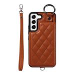 For Samsung Galaxy S22 5G Rhombic Texture Card Bag Phone Case with Short Lanyard(Brown)