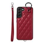 For Samsung Galaxy S22+ 5G Rhombic Texture Card Bag Phone Case with Short Lanyard(Wine Red)